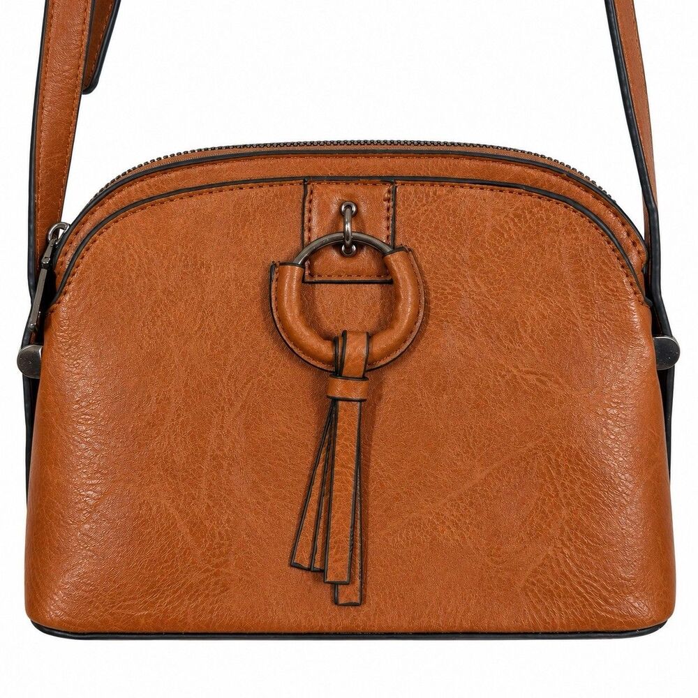 Sam & Hadley Crossbody Bag Womens Cognac Brown Ring Tassel Zip Shoulder Purse